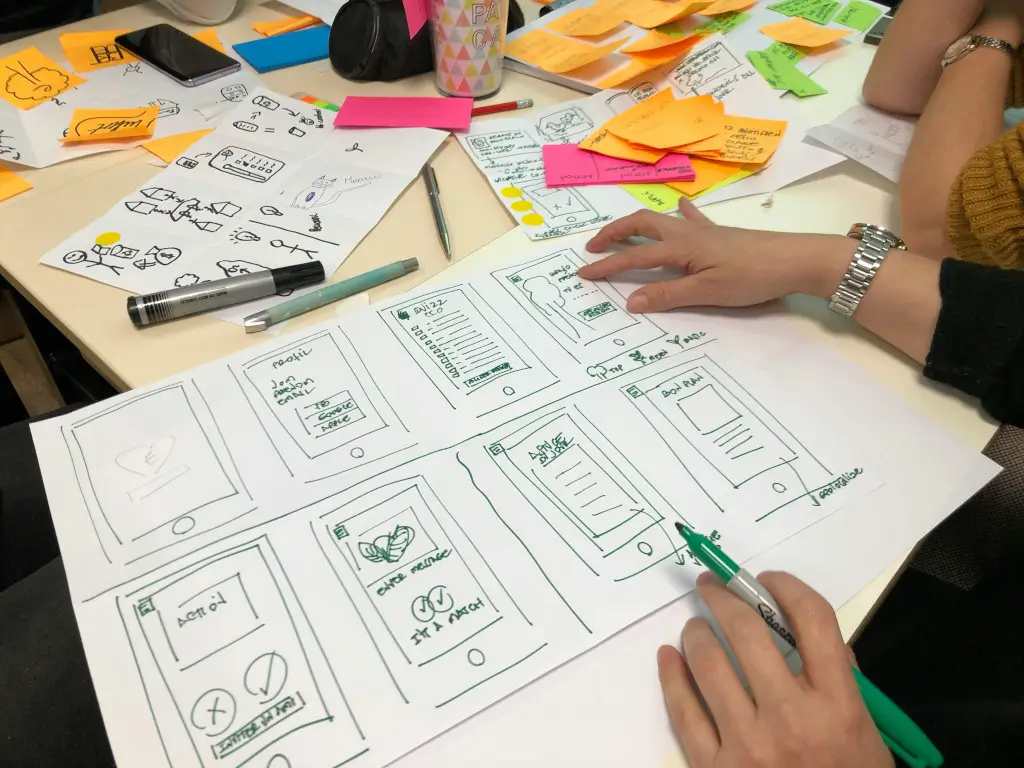 Une feuille de papier sur laquelle sont représentés des écrans d'une application smartphone. Ces mockups permette de visualiser l'application.